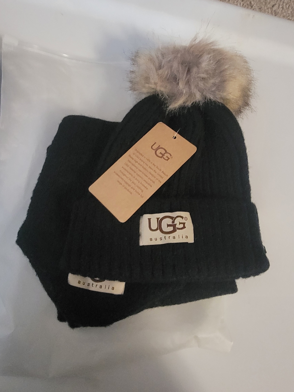 UGG Kids Black Ribbed Beanie with Faux Fur Pom